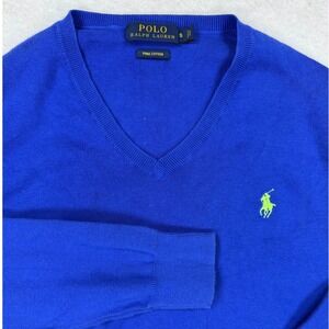 Polo Ralph Lauren Pima Cotton V-Neck Sweater Royal Blue Lime Green Pony Men's S